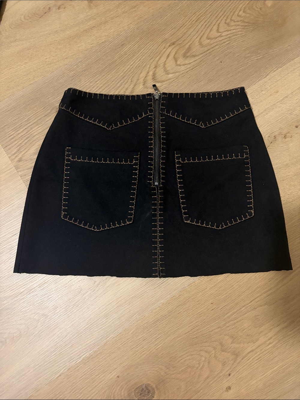Zara Black Mini Skirt with Tan Contrast Topstitching
